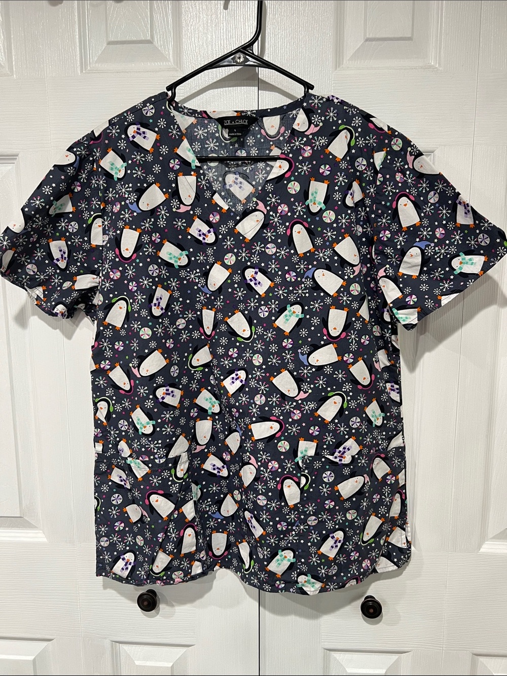 Zoe+Chloe Navy Penguin-Print Short Sleeve Scrub Top